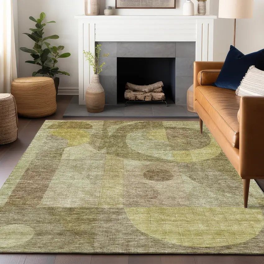 Wheat And Brown Abstract Washable Indoor Outdoor Area Rug Photo 8