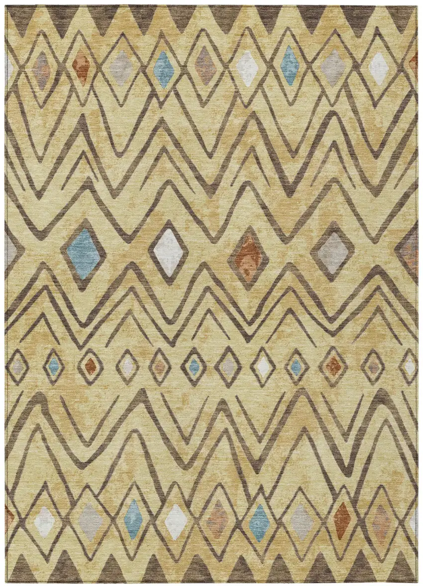 Wheat And Brown Geometric Washable Indoor Outdoor Area Rug Photo 2
