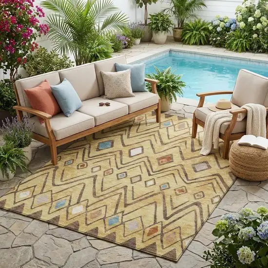 Wheat And Brown Geometric Washable Indoor Outdoor Area Rug Photo 1