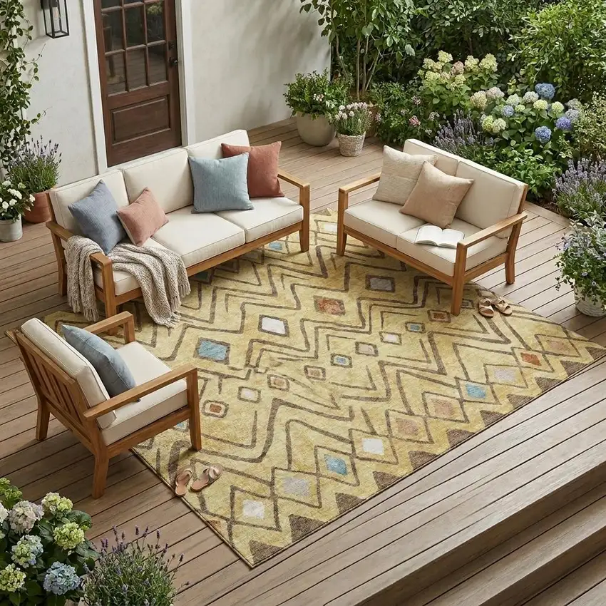 Wheat And Brown Geometric Washable Indoor Outdoor Area Rug Photo 1