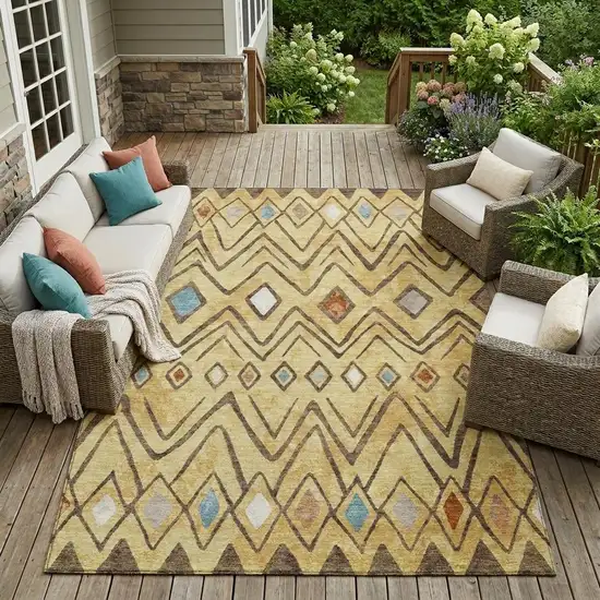 Wheat And Brown Geometric Washable Indoor Outdoor Area Rug Photo 1