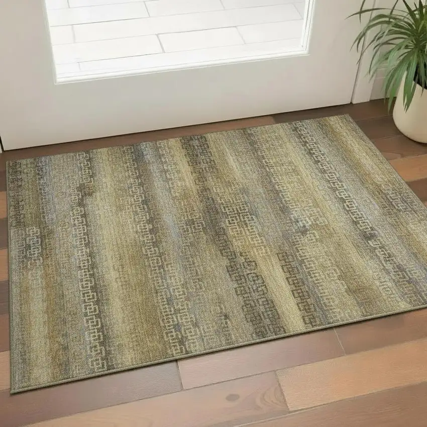 Wheat And Brown Striped Washable Area Rug With UV Protection Photo 2
