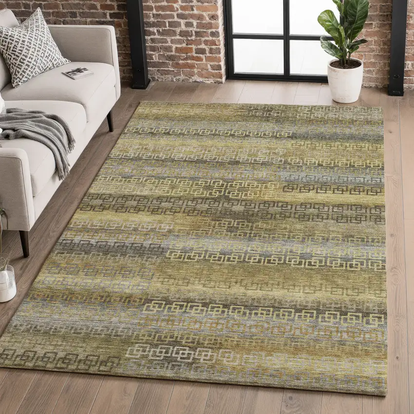 Wheat And Brown Striped Washable Area Rug With UV Protection Photo 5