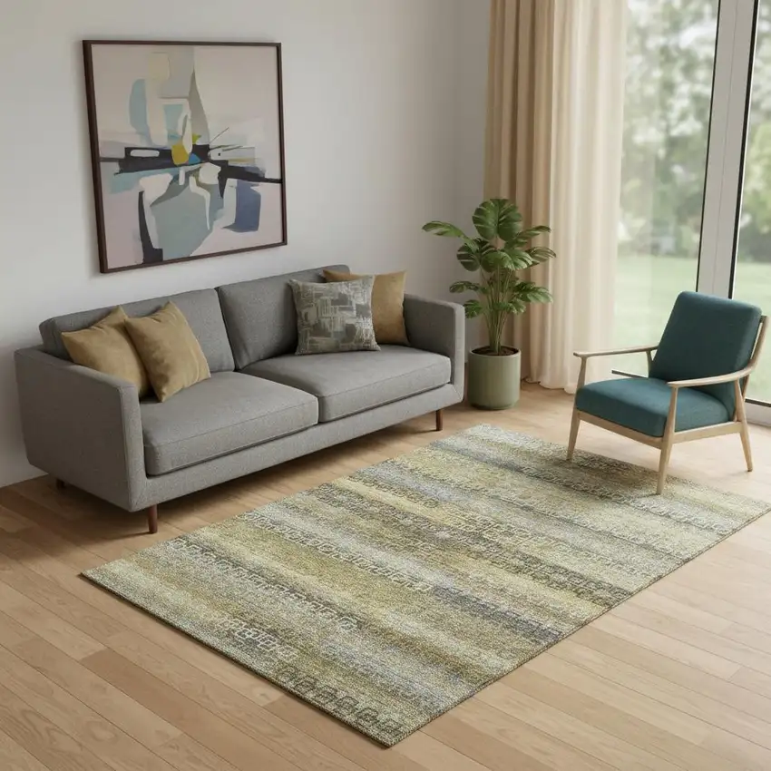 Wheat And Brown Striped Washable Area Rug With UV Protection Photo 2