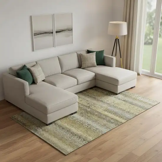 Wheat And Brown Striped Washable Area Rug With UV Protection Photo 2