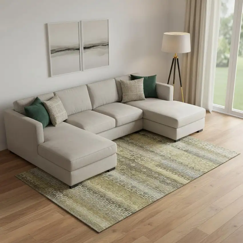 Wheat And Brown Striped Washable Area Rug With UV Protection Photo 2