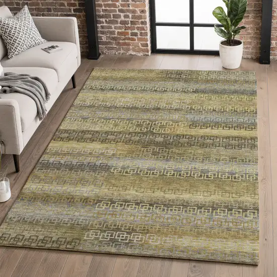 Wheat And Brown Striped Washable Area Rug With UV Protection Photo 5
