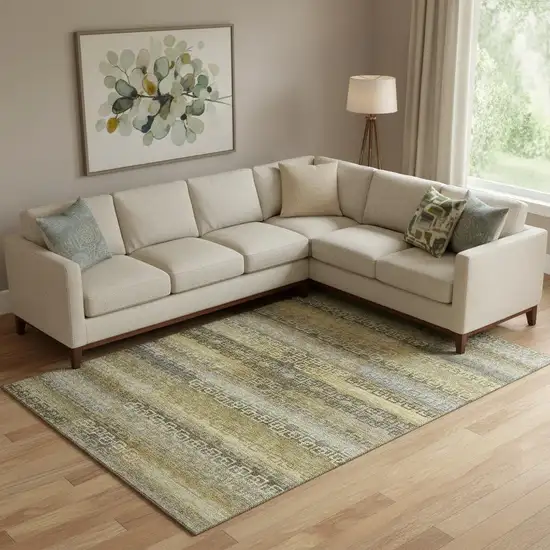 Wheat And Brown Striped Washable Area Rug With UV Protection Photo 2