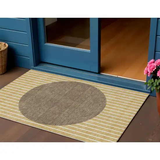 Wheat And Brown Striped Washable Indoor Outdoor Area Rug Photo 1