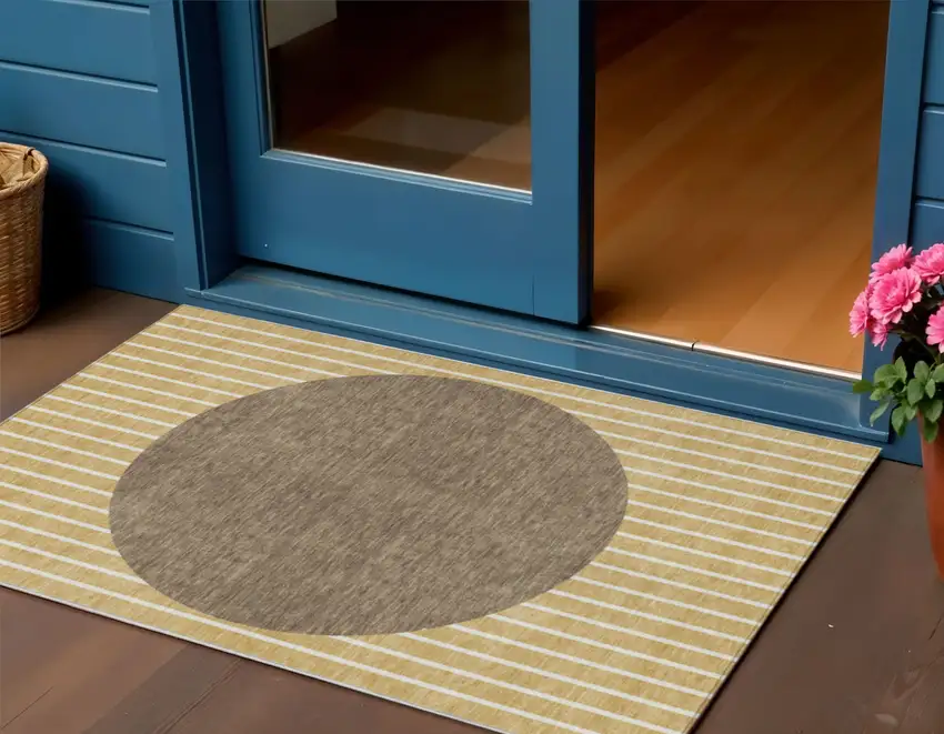 Wheat And Brown Striped Washable Indoor Outdoor Area Rug Photo 1