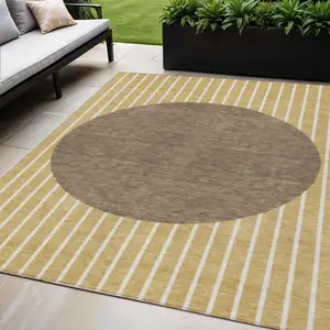 Photo of Wheat And Brown Striped Washable Indoor Outdoor Area Rug
