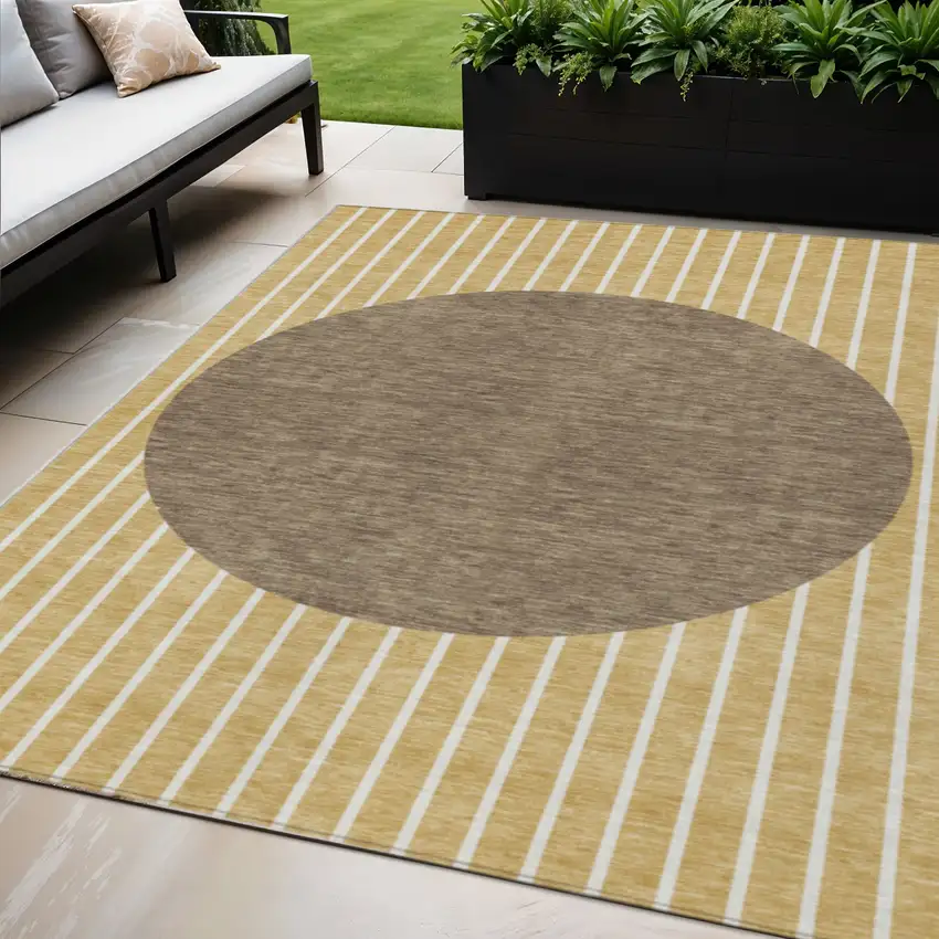 Wheat And Brown Striped Washable Indoor Outdoor Area Rug Photo 1