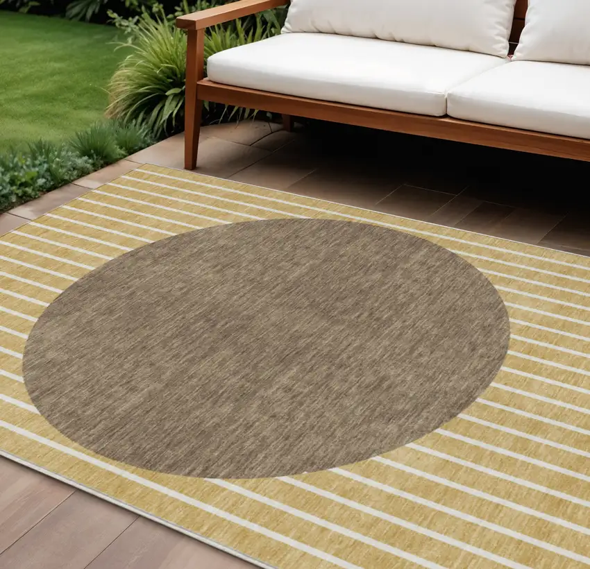 Wheat And Brown Striped Washable Indoor Outdoor Area Rug Photo 1