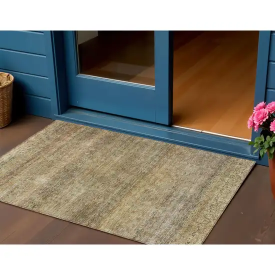 Wheat And Brown Striped Washable Indoor Outdoor Area Rug Photo 1