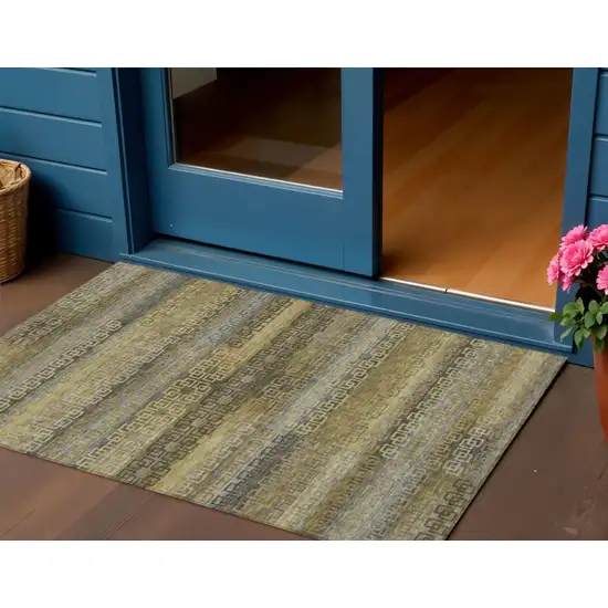 Wheat And Brown Striped Washable Indoor Outdoor Area Rug Photo 2