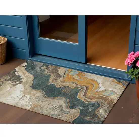 Wheat And Charcoal Abstract Washable Indoor Outdoor Area Rug Photo 2
