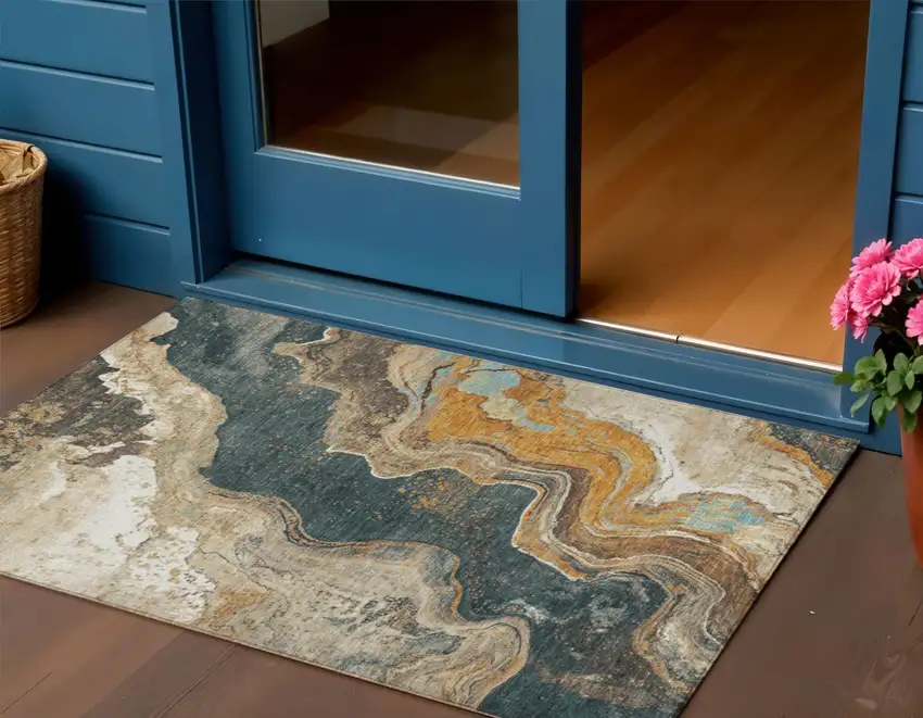 Wheat And Charcoal Abstract Washable Indoor Outdoor Area Rug Photo 2