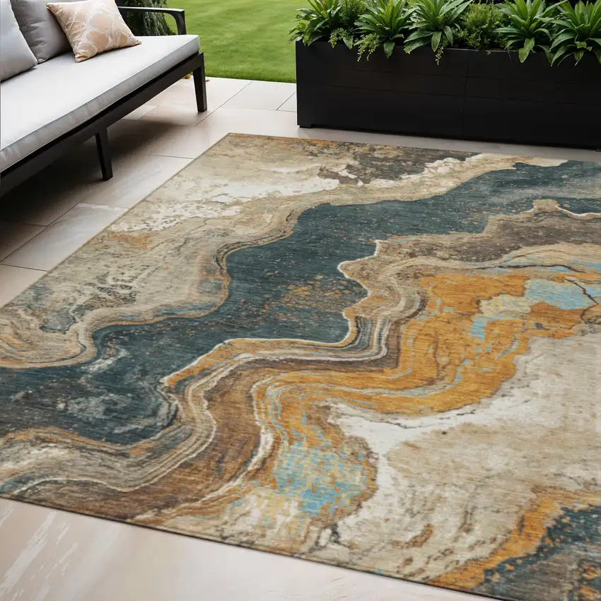 Wheat And Charcoal Abstract Washable Indoor Outdoor Area Rug Photo 2