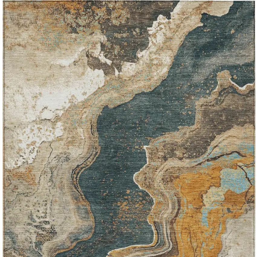 Wheat And Charcoal Abstract Washable Indoor Outdoor Area Rug Photo 9