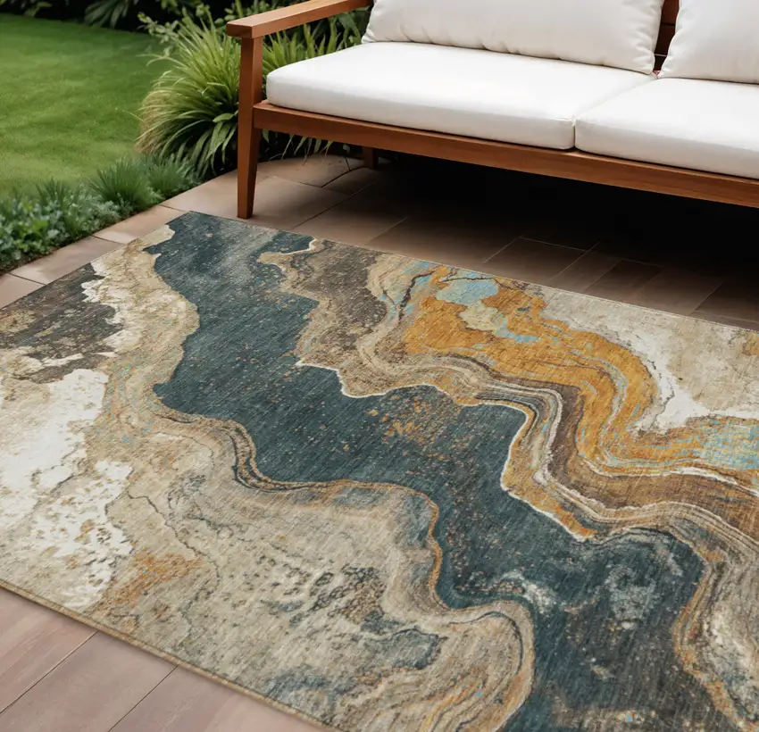 Wheat And Charcoal Abstract Washable Indoor Outdoor Area Rug Photo 2