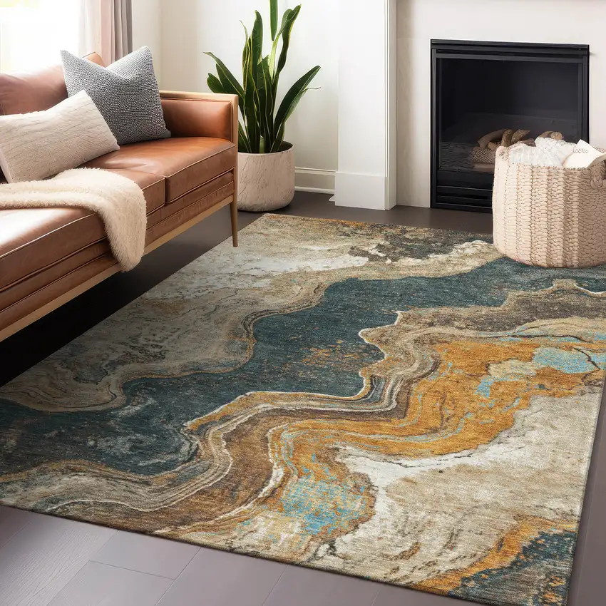 Wheat And Charcoal Abstract Washable Indoor Outdoor Area Rug Photo 5