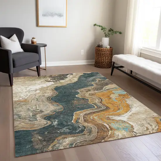 Wheat And Charcoal Abstract Washable Indoor Outdoor Area Rug Photo 6