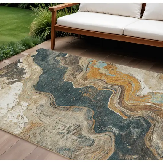 Wheat And Charcoal Abstract Washable Indoor Outdoor Area Rug Photo 2