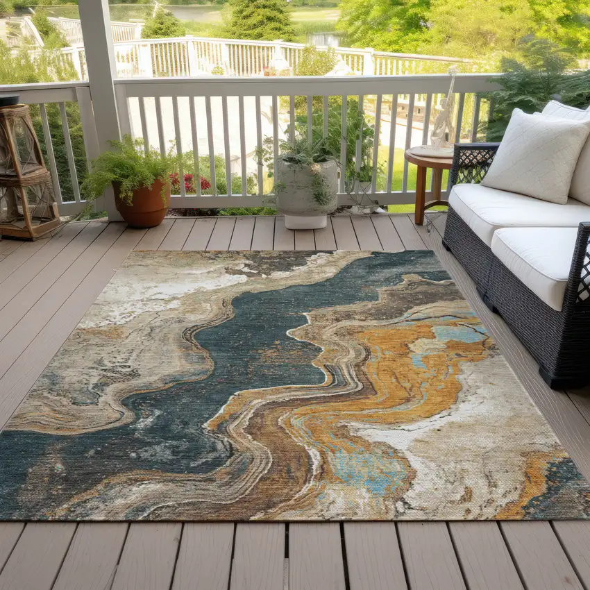 Wheat And Charcoal Abstract Washable Indoor Outdoor Area Rug Photo 7