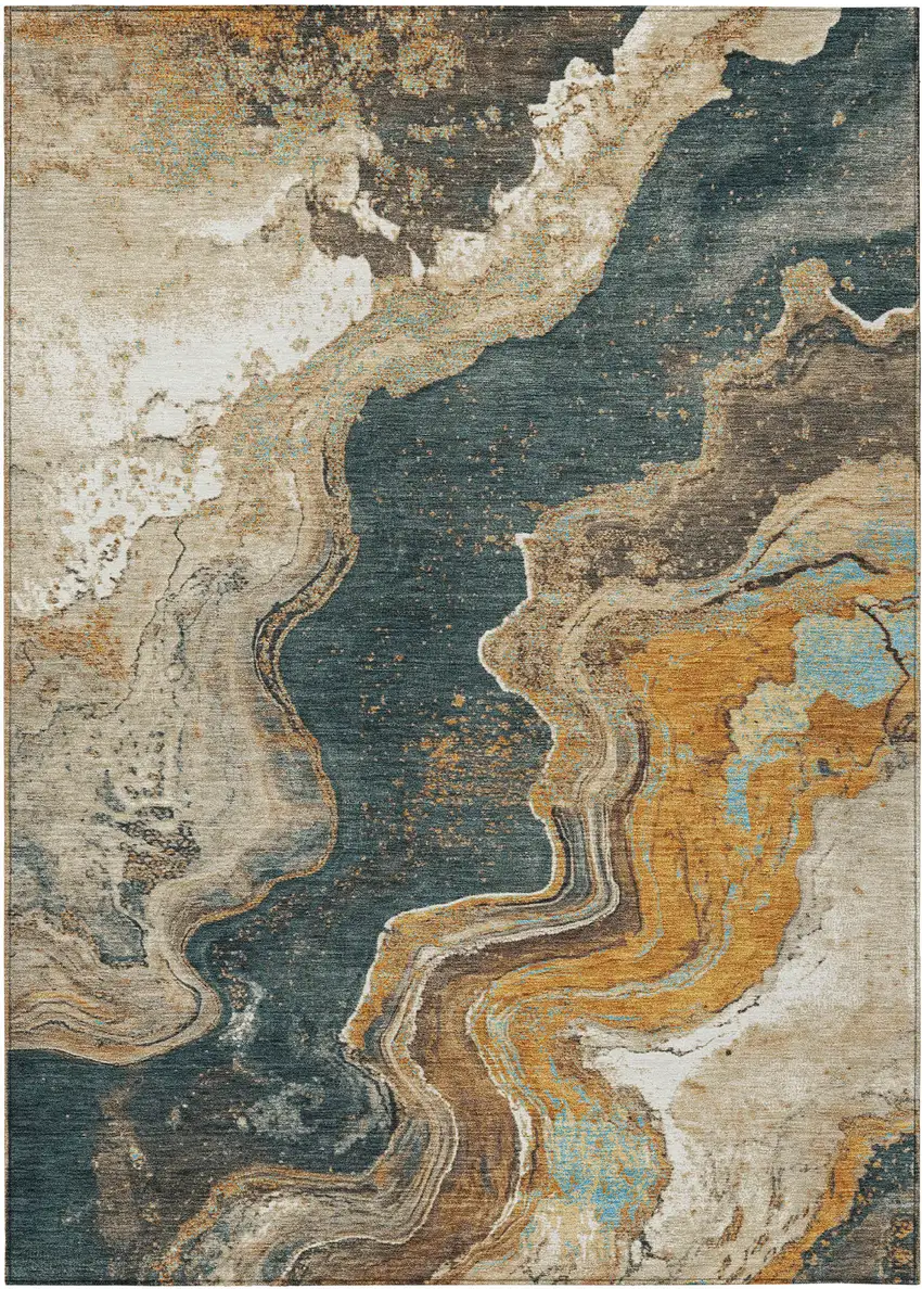 Wheat And Charcoal Abstract Washable Indoor Outdoor Area Rug Photo 8