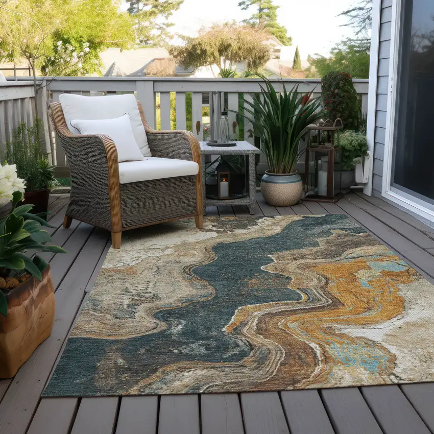 Wheat And Charcoal Abstract Washable Indoor Outdoor Area Rug Photo 4