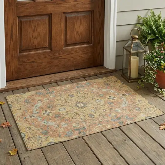 Wheat And Copper Floral Medallion Washable Indoor Outdoor Area Rug Photo 1