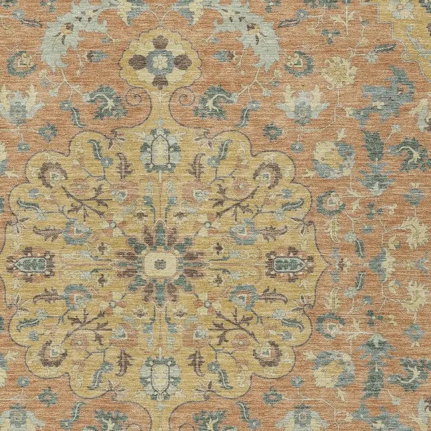 Wheat And Copper Floral Medallion Washable Indoor Outdoor Area Rug Photo 3