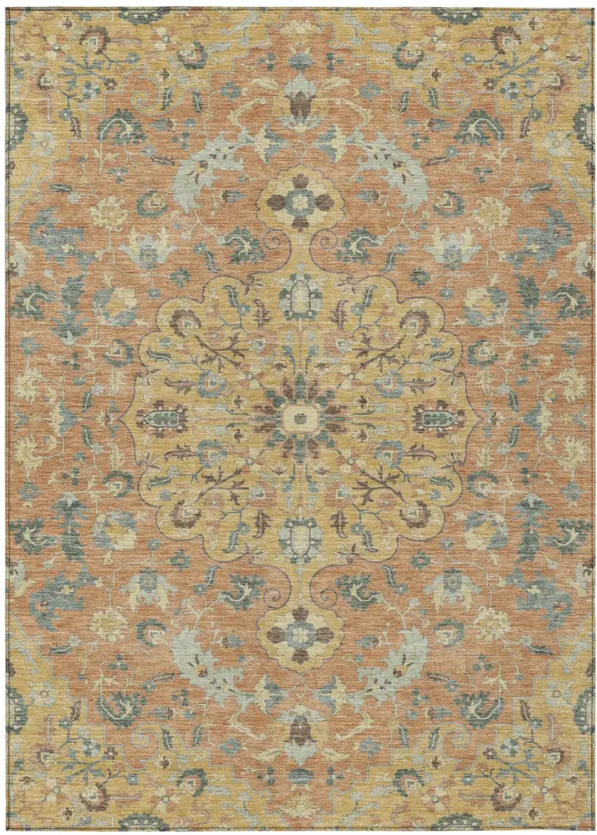 Wheat And Copper Floral Medallion Washable Indoor Outdoor Area Rug Photo 2