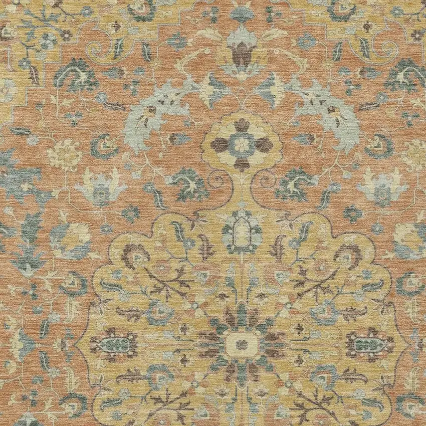 Wheat And Copper Floral Medallion Washable Indoor Outdoor Area Rug Photo 3