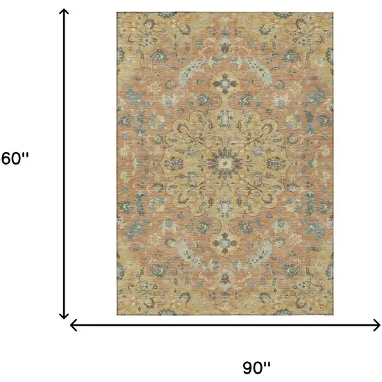 Wheat And Copper Floral Medallion Washable Indoor Outdoor Area Rug Photo 7