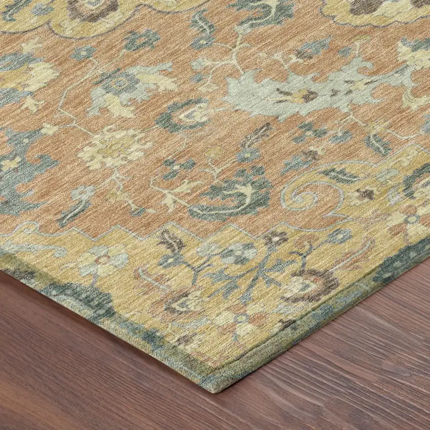 Wheat And Copper Floral Medallion Washable Indoor Outdoor Area Rug Photo 5