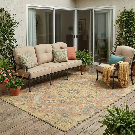 Wheat And Copper Floral Medallion Washable Indoor Outdoor Area Rug Photo 1