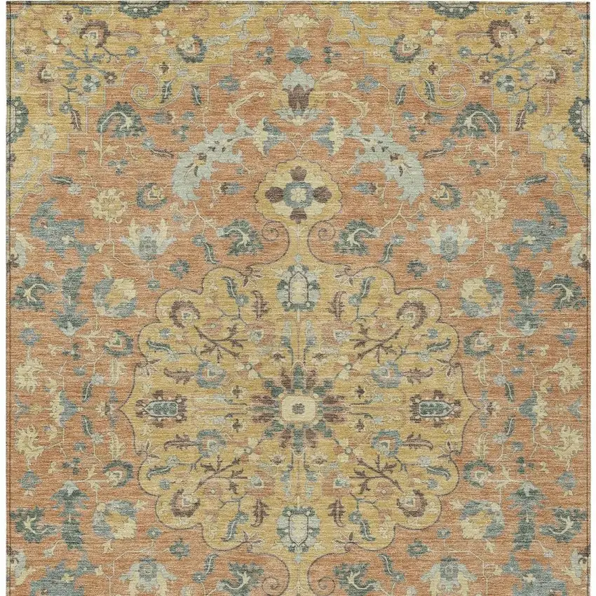 Wheat And Copper Floral Medallion Washable Indoor Outdoor Area Rug Photo 4