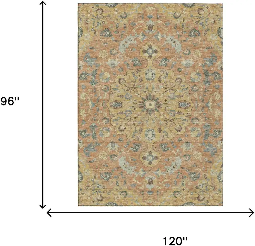 Wheat And Copper Floral Medallion Washable Indoor Outdoor Area Rug Photo 7