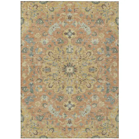 Wheat And Copper Floral Medallion Washable Indoor Outdoor Area Rug Photo 2
