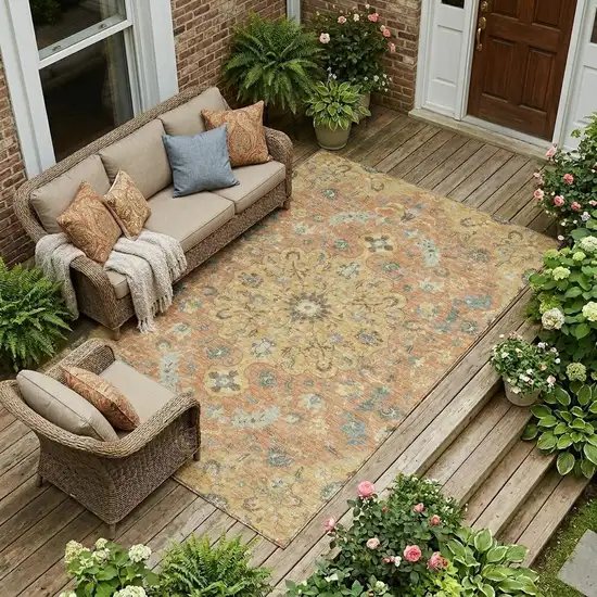 Wheat And Copper Floral Medallion Washable Indoor Outdoor Area Rug Photo 1