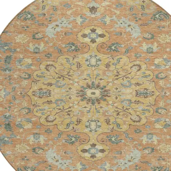 Wheat And Copper Round Floral Medallion Washable Indoor Outdoor Area Rug Photo 2