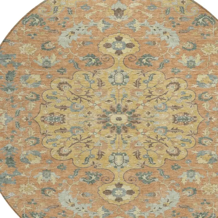 Wheat And Copper Round Floral Medallion Washable Indoor Outdoor Area Rug Photo 2