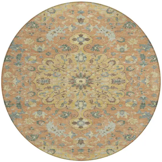 Wheat And Copper Round Floral Medallion Washable Indoor Outdoor Area Rug Photo 1