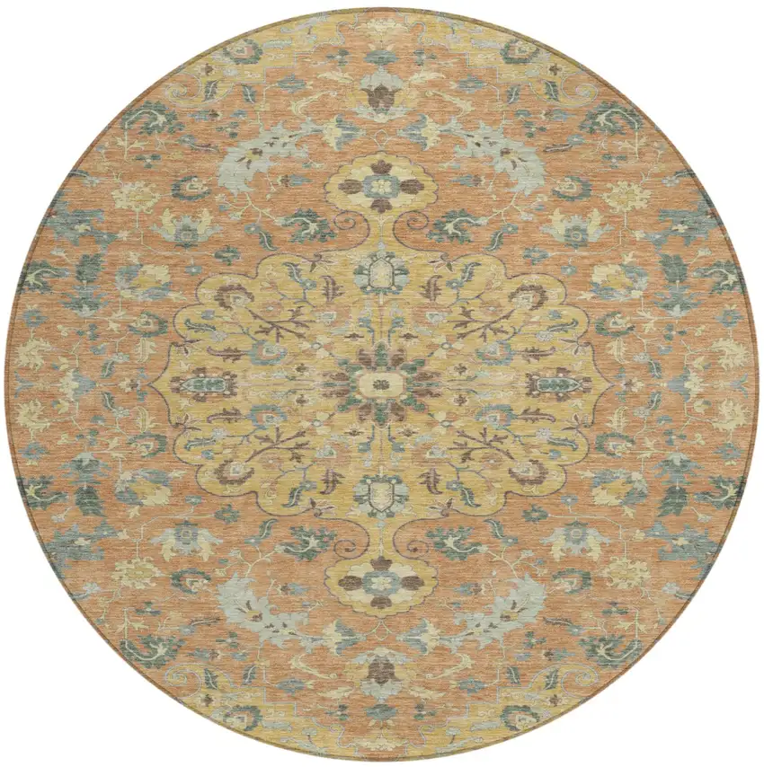 Wheat And Copper Round Floral Medallion Washable Indoor Outdoor Area Rug Photo 1