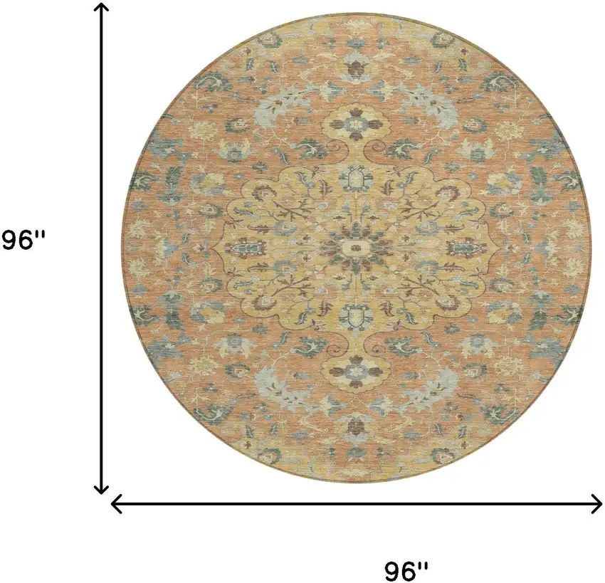 Wheat And Copper Round Floral Medallion Washable Indoor Outdoor Area Rug Photo 6