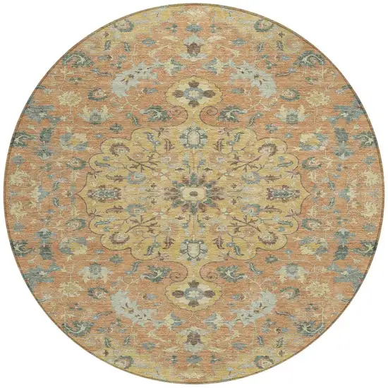 Wheat And Copper Round Floral Medallion Washable Indoor Outdoor Area Rug Photo 3