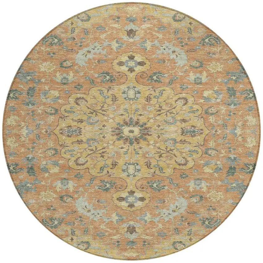 Wheat And Copper Round Floral Medallion Washable Indoor Outdoor Area Rug Photo 3