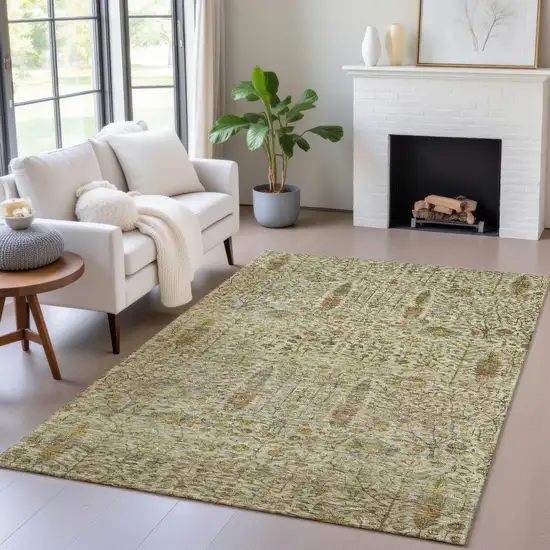 Wheat And Fern Green Floral Washable Indoor Outdoor Area Rug Photo 7