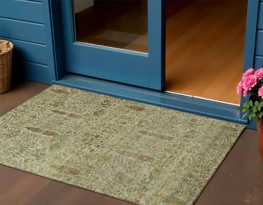 Wheat And Fern Green Floral Washable Indoor Outdoor Area Rug Photo 2